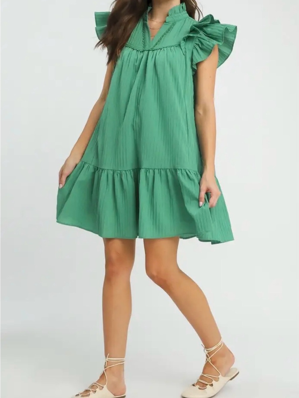 Umgee Emerald Green Ruffle Sleeve Tiered Mini Dress